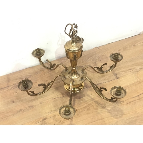 131 - A brass six  branch Electrolier with acanthus leaf motifs 2ft D x 1ft 8in L