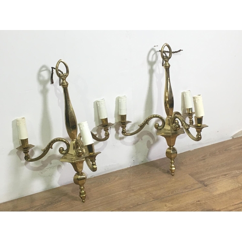 132 - A pair of brass three branch Electroliers with leafage branches 1ft 4in W x 1ft 11in L