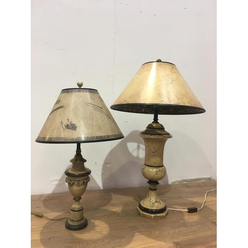 139 - Two Table Lamps with crackleware and marble effect painted columns and shades 3ft H and 2ft 6in H (p... 