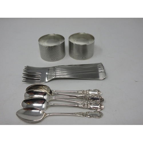 242 - Two Edward VIII heavy silver circular Napkin Rings, engine turned, Sheffield 1936, six plated Coffee... 