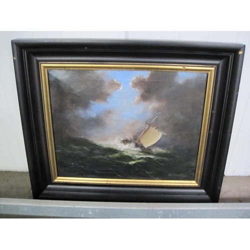 305 - ELLIOTT. A fishing convoy at night, signed oil on canvas board, 20 1/4in x 30 1/2in; a marine painti... 