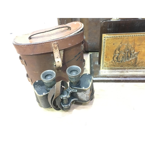 366 - Two Paraffin Bottles, two Bilhooks, a leather Luggage Case, a pair of Binoculars and a Letter Rack