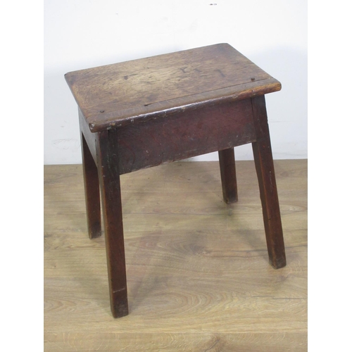 397 - A late 18th Century oak Coffin Stool mounted on square cut supports 1ft 8in H x 1ft 5in W