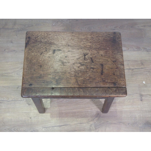 397 - A late 18th Century oak Coffin Stool mounted on square cut supports 1ft 8in H x 1ft 5in W