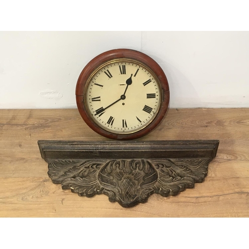 448 - A Victorian walnut cased Wall Clock 1ft 3in D and a carved oak Bracket 2ft 4in W