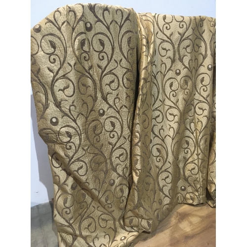 451 - A pair of Mitre gold silk Curtains with scrolled leafage decoration 7ft 3in L x 7ft W and another si... 