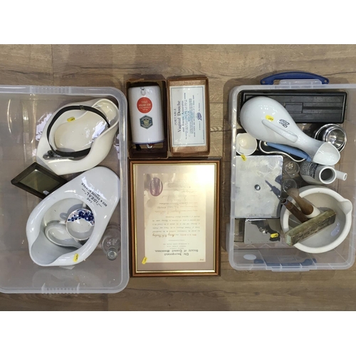 483 - Two boxes including Mortar, Dr Nelson' ceramic Inhaler, sterilised Dishes, Slipper Pan, glass Chemis... 