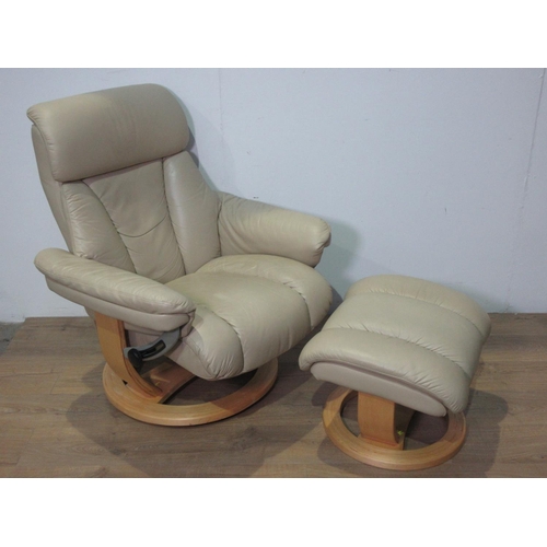 498 - A pair of cream leather revolving Armchairs 2ft 8in W x 3ft 4in H and Footstools 1ft 10in W x 1ft 4i... 