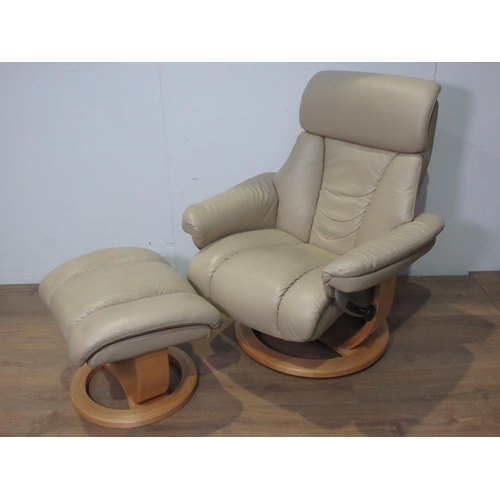 498 - A pair of cream leather revolving Armchairs 2ft 8in W x 3ft 4in H and Footstools 1ft 10in W x 1ft 4i... 