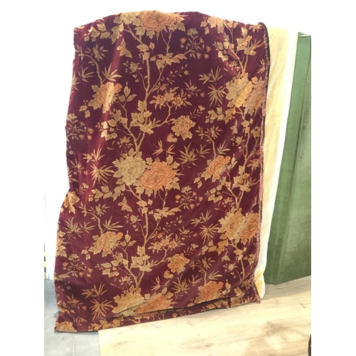 499 - A pair of deep red double lined Curtains with gold decoration of flowers 7ft 10in L x 9ft 8in W and ... 