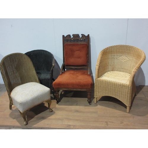 503 - A Victorian walnut framed Chair, three assorted Lloyd Loom style Chairs and a wicker Conservatory Ch... 