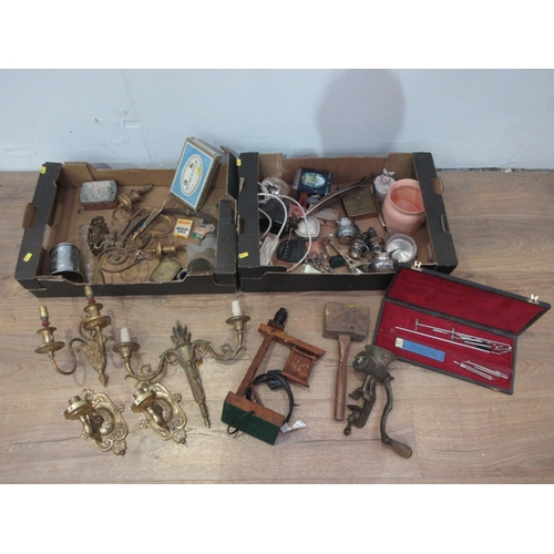 509 - Two boxes including gilt metal Wall Lights, oak Table Lamp, Tins, Meat Grinder, wooden Mallet, cased... 