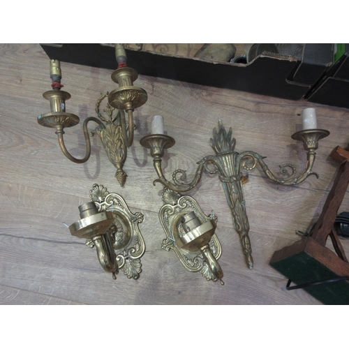 509 - Two boxes including gilt metal Wall Lights, oak Table Lamp, Tins, Meat Grinder, wooden Mallet, cased... 