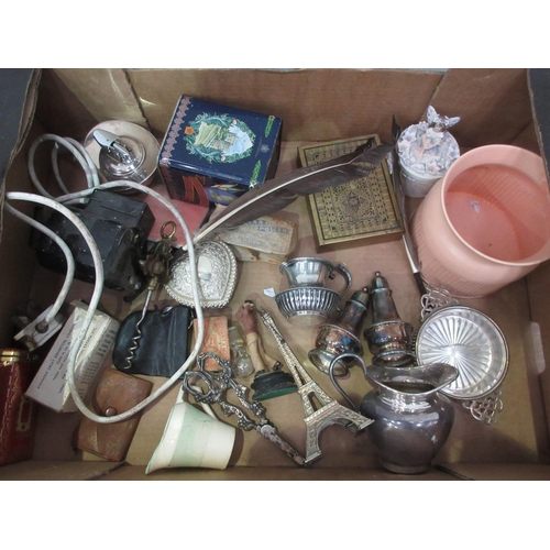 509 - Two boxes including gilt metal Wall Lights, oak Table Lamp, Tins, Meat Grinder, wooden Mallet, cased... 