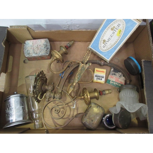 509 - Two boxes including gilt metal Wall Lights, oak Table Lamp, Tins, Meat Grinder, wooden Mallet, cased... 