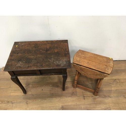 514 - An 18th Century oak Side Table on square cut cabriole supports A/F 2ft 4in W and a reproduction oak ... 