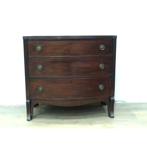 525 - A 19th Century mahogany Chest of three long drawers, flanked by reeded columns, 3ft 4in W x 3ft 2in ... 