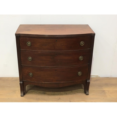 525 - A 19th Century mahogany Chest of three long drawers, flanked by reeded columns, 3ft 4in W x 3ft 2in ... 