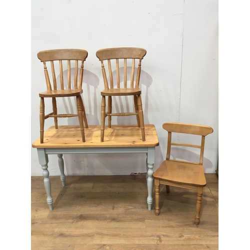 528 - A small pine Kitchen Table with painted base, a pair of Kitchen Chairs and another,3ft 11in x 1ft 10... 