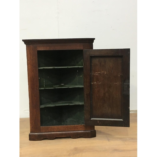 547 - An antique oak hanging Corner Cupboard, the single door enclosing shaped shelves, 3ft 1in H x 2ft W