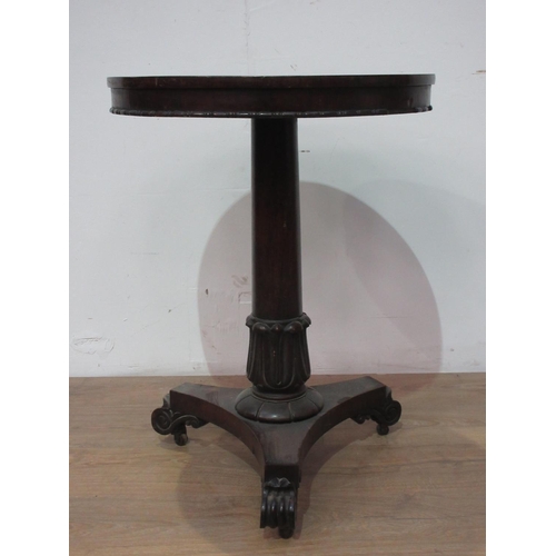 566A - A 9th Century rosewood Pillar table with carved and turned column and triform base, 1ft 9in diam