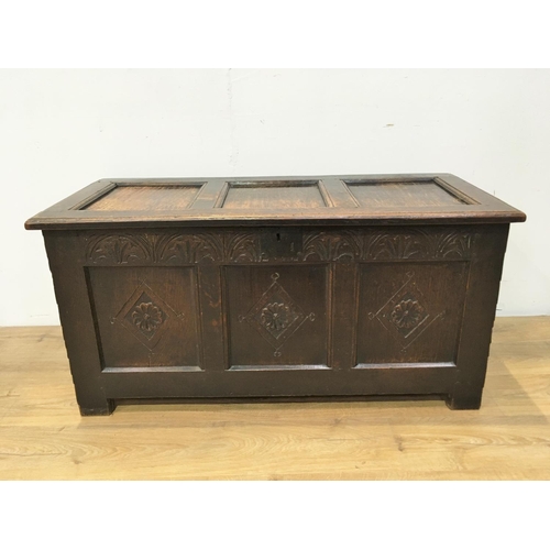 680 - A 17th Century oak Coffer with sunken three panel lid above three panel front with arcaded frieze 3f... 