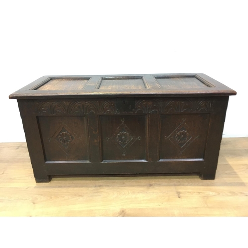 680 - A 17th Century oak Coffer with sunken three panel lid above three panel front with arcaded frieze 3f... 