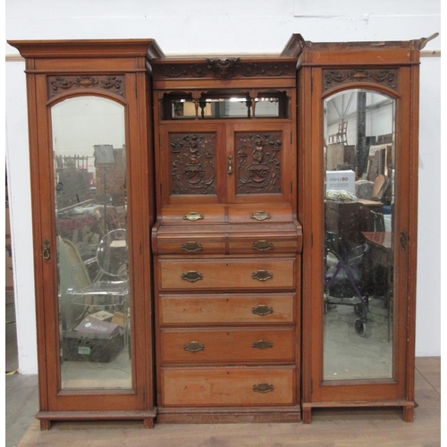 746 - A Victorian satin walnut triple Wardrobe missing base