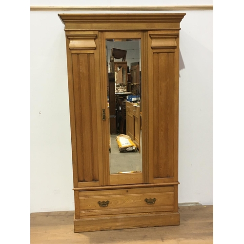 755 - An Edwardian ash single mirror door Wardrobe fitted single drawer to base (cornice damaged 6ft 8in H... 