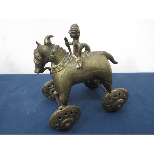 376 - A Yoruba type brass Figure of a warrior on wheeled horse 6in L, a brass and enamelled Japanese Pot P... 