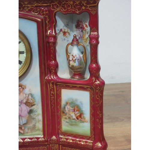 535 - A Continental pottery Mantel Clock, with transfer printed designs after Boucher of lovers in landsca... 