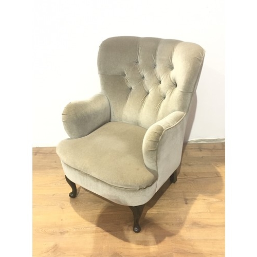 122 - A grey upholstered buton back Armchair on cabriole supports 3ft H x 2ft 2in W