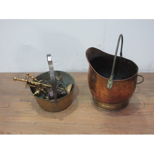 754 - A 19th Century copper Coal Scuttle 1ft 2in H, brass Jam Pan, Fire Companion Set and a copper measure... 