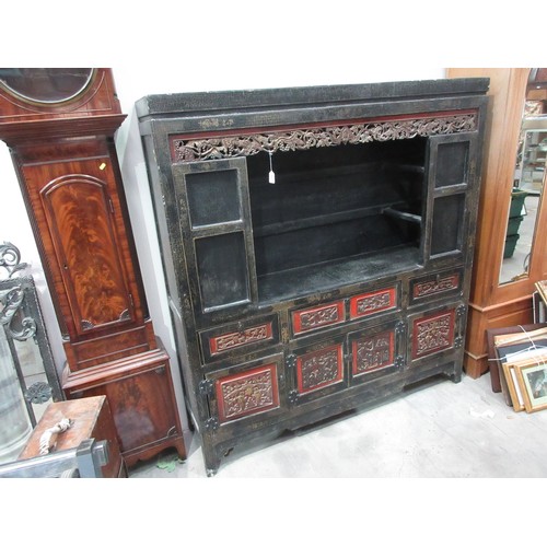 752 - An antique Chinese chinoisserie black lacquered Cabinet with beast and fruiting grape pierced frieze... 