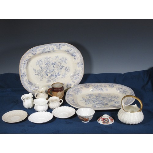 756 - Two blue and white Meat Plates,  Worcester cream Basket, Chinese Tea Bowl, Royal Doulton stoneware T... 