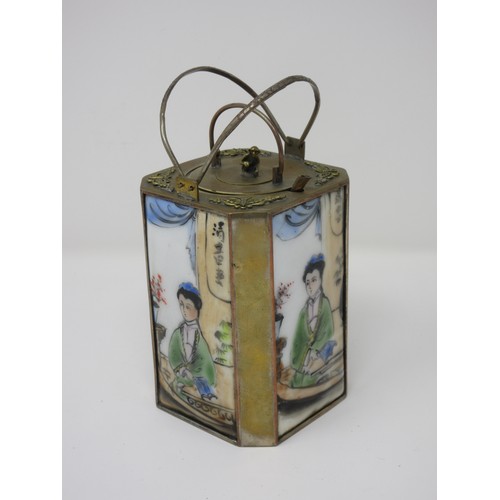 523 - A late 19th Century Chinese Tea Pot Warmer of square form with chamfered corners containing four cer... 