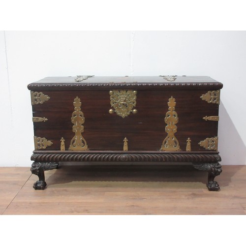 776 - A 19th Century Continental camphor wood Blanket Chest on stand with pierced brass strap hinges, stud... 