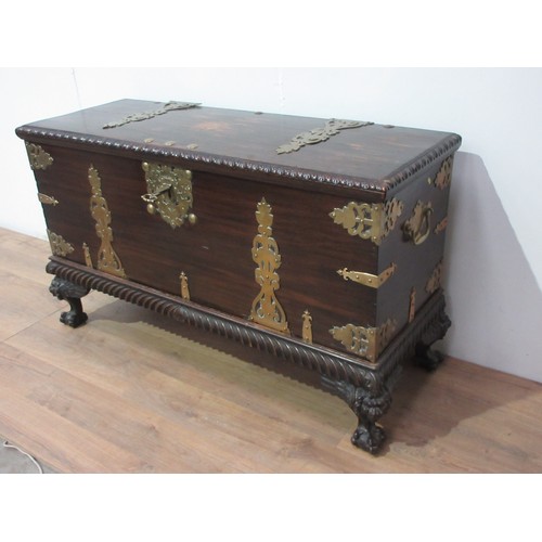 776 - A 19th Century Continental camphor wood Blanket Chest on stand with pierced brass strap hinges, stud... 