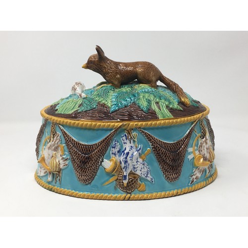 491 - A blue glazed oval Game Tureen in the George Jones style with handle in the form of a Fox with chick... 