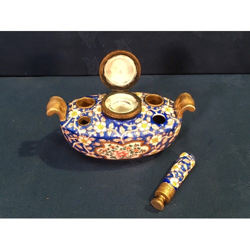 502 - A 19th Century Porcelain Inkstand and Seal decorated with daisies on blue ground with gilt metal mou... 