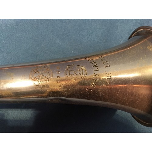 570 - A 19th Century Coaching Horn in leather case by T. Callow & Son, 8 Park Lane, London bearing inscrip... 