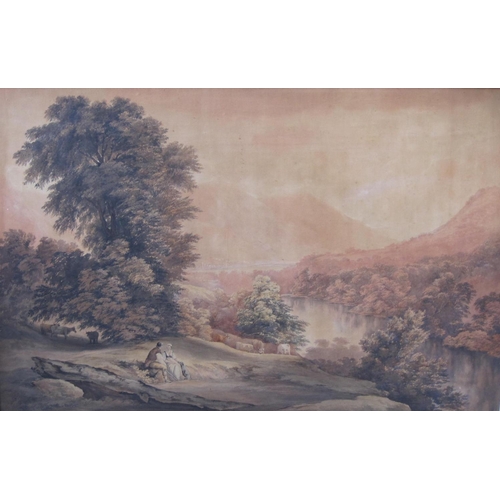 459 - JOHN GLOVER (1767-1849) An extensive landscape, with two figures resting on a bank and cattle under ... 