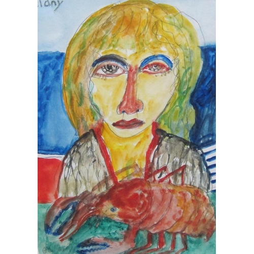 463 - JOHN BELLANY, R.A. (1942-2013). Girl with Lobster, signed twice 'Bellany', watercolour, 16 x 10 1/2 ... 