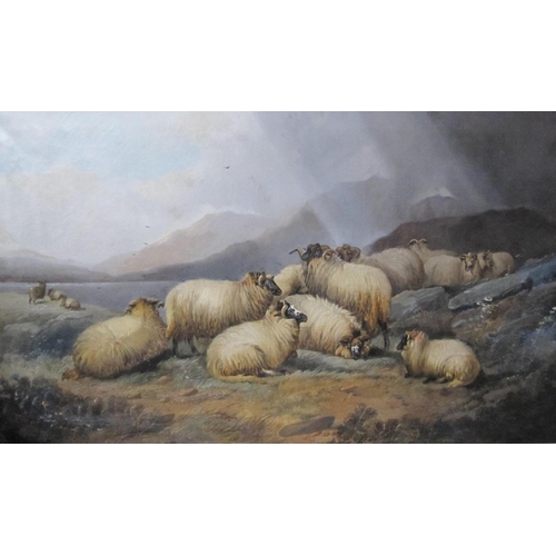 475 - ALFRED MORRIS  (1853-1896), Sheep by a Lake, with indistinct signature and date 1882 (?), oil on can... 