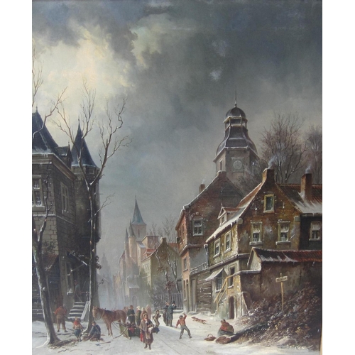 480 - WILLIAM RAYMOND DOMMERSEN (1850-1927). A Dutch street scene with figures in winter-time, signed with... 