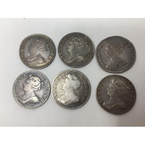 17 - Anne Shilling 1702, 1707, 1709 x 3 and 1713, roses and plumes (6)