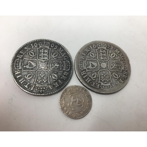 23 - Charles II Half Crown 1663, and 1673 (the first dished) and Threepence 1683 (3).