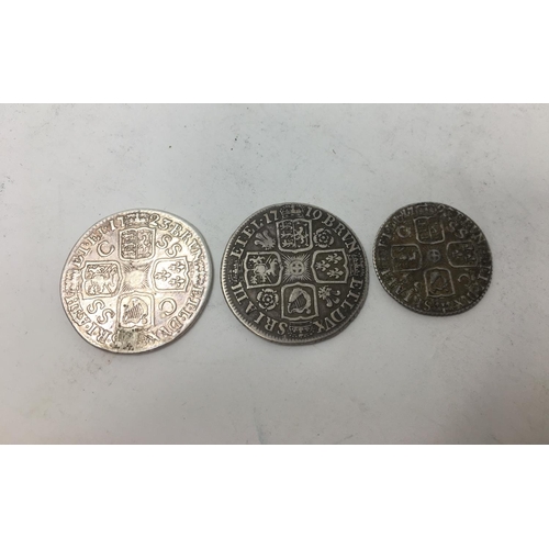 29 - George I Shilling 1719, roses and plumes, 1723 SSC and Sixpence 1723 SSC (3).