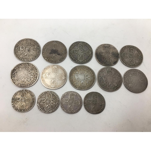 30 - George II Shilling 1727, 1735 x 2, 1736, 1743, 1750, 1751 and 1758 X 3 and Sixpence 1757 x 3 and 175... 
