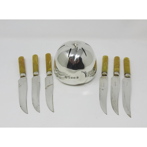 123 - An Elizabeth II silver model of an apple, Edinburgh 1953, with six plated Fruit Knives.